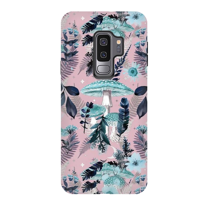 Galaxy S9 plus StrongFit Whimsical mushrooms - blue pink mushrooms and forest leaves by Oana 