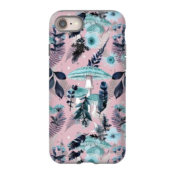 iPhone 8 StrongFit Whimsical mushrooms - blue pink mushrooms and forest leaves by Oana 