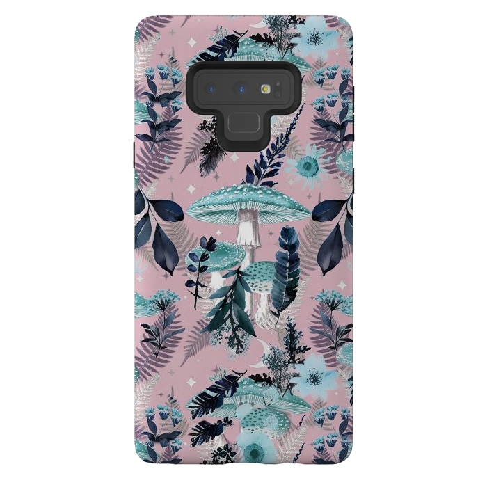 Galaxy Note 9 StrongFit Whimsical mushrooms - blue pink mushrooms and forest leaves by Oana 