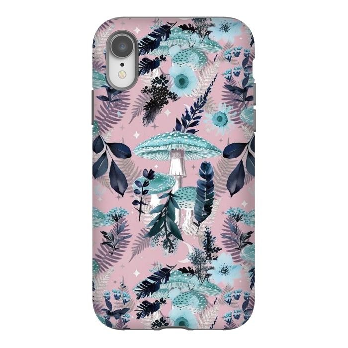 iPhone Xr StrongFit Whimsical mushrooms - blue pink mushrooms and forest leaves by Oana 