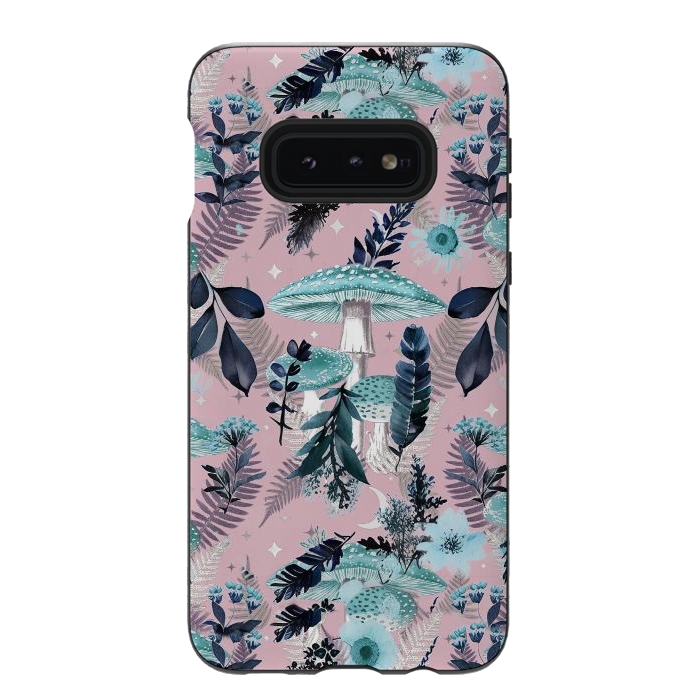 Galaxy S10e StrongFit Whimsical mushrooms - blue pink mushrooms and forest leaves by Oana 