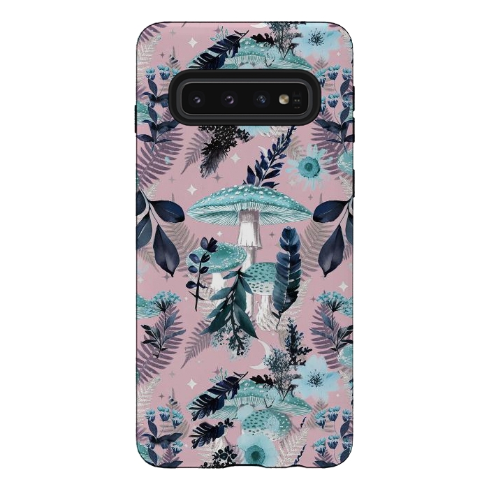 Galaxy S10 StrongFit Whimsical mushrooms - blue pink mushrooms and forest leaves by Oana 