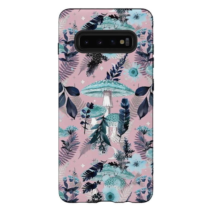 Galaxy S10 plus StrongFit Whimsical mushrooms - blue pink mushrooms and forest leaves by Oana 