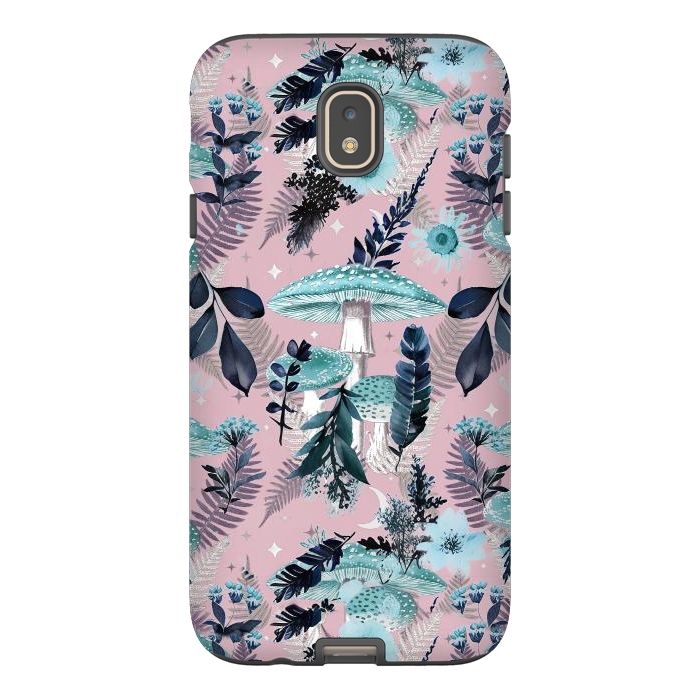 Galaxy J7 StrongFit Whimsical mushrooms - blue pink mushrooms and forest leaves by Oana 