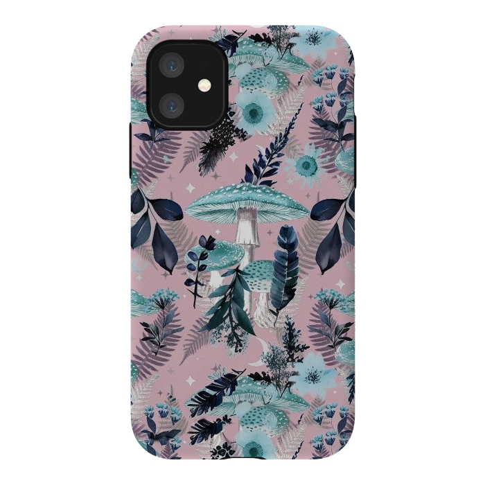 iPhone 11 StrongFit Whimsical mushrooms - blue pink mushrooms and forest leaves by Oana 