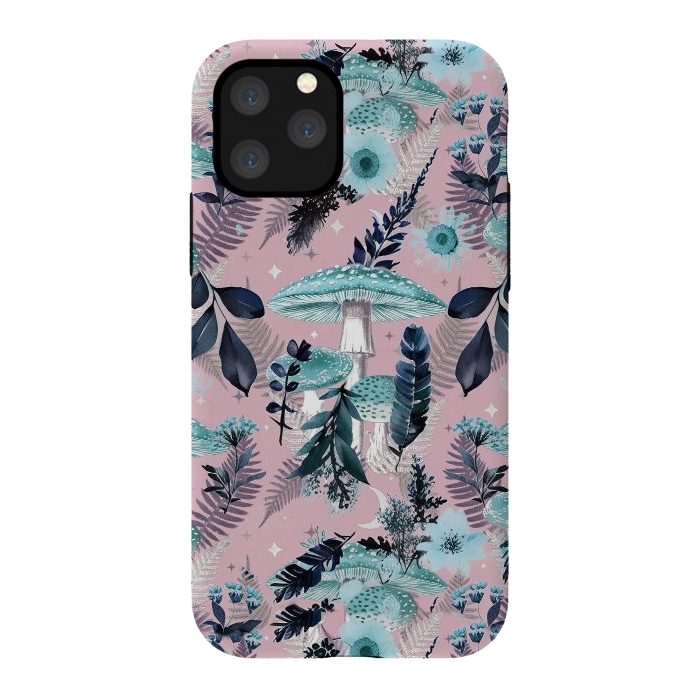 iPhone 11 Pro StrongFit Whimsical mushrooms - blue pink mushrooms and forest leaves by Oana 