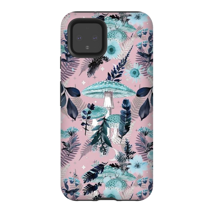 Pixel 4 StrongFit Whimsical mushrooms - blue pink mushrooms and forest leaves by Oana 