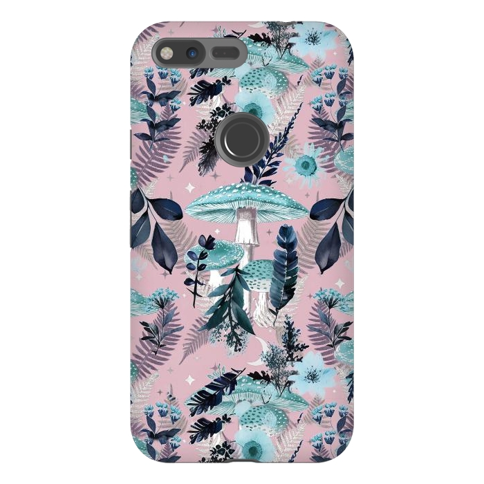 Pixel XL StrongFit Whimsical mushrooms - blue pink mushrooms and forest leaves by Oana 