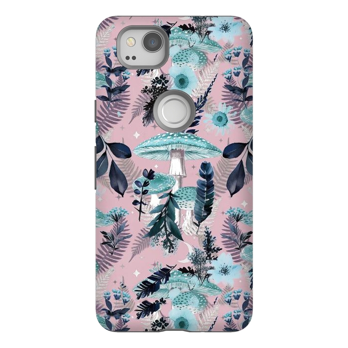 Pixel 2 StrongFit Whimsical mushrooms - blue pink mushrooms and forest leaves by Oana 