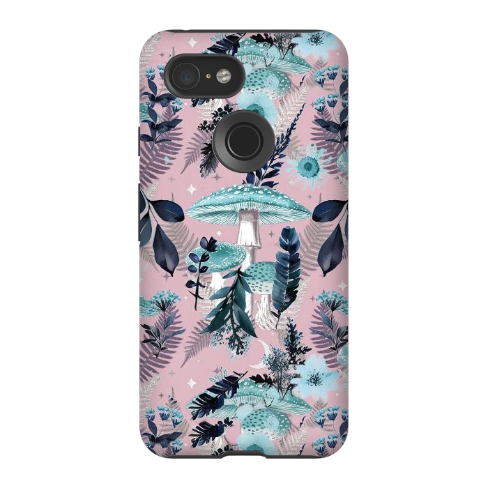 Pixel 3 StrongFit Whimsical mushrooms - blue pink mushrooms and forest leaves by Oana 