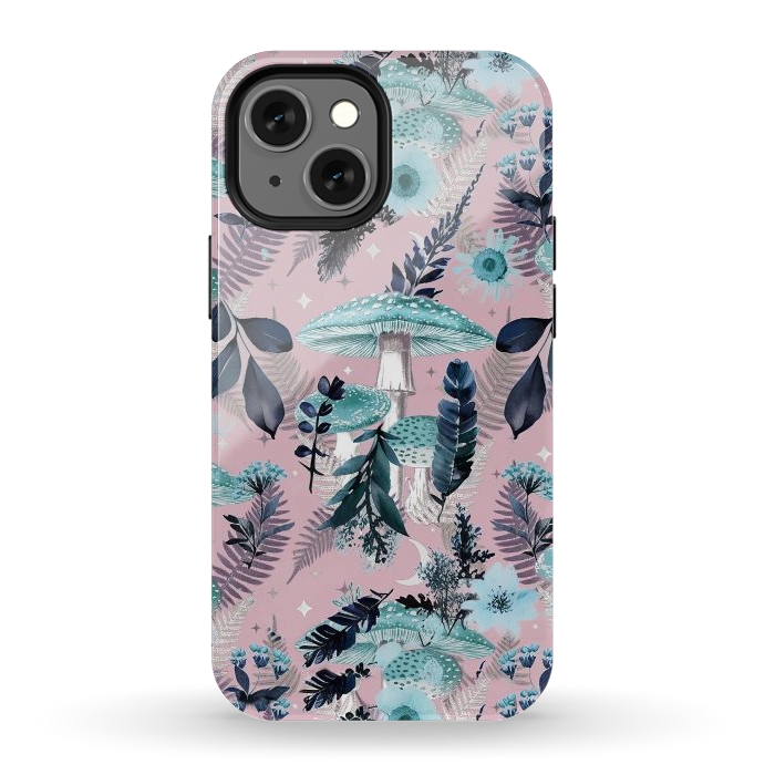 iPhone 12 mini StrongFit Whimsical mushrooms - blue pink mushrooms and forest leaves by Oana 