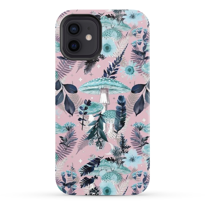 iPhone 12 StrongFit Whimsical mushrooms - blue pink mushrooms and forest leaves by Oana 