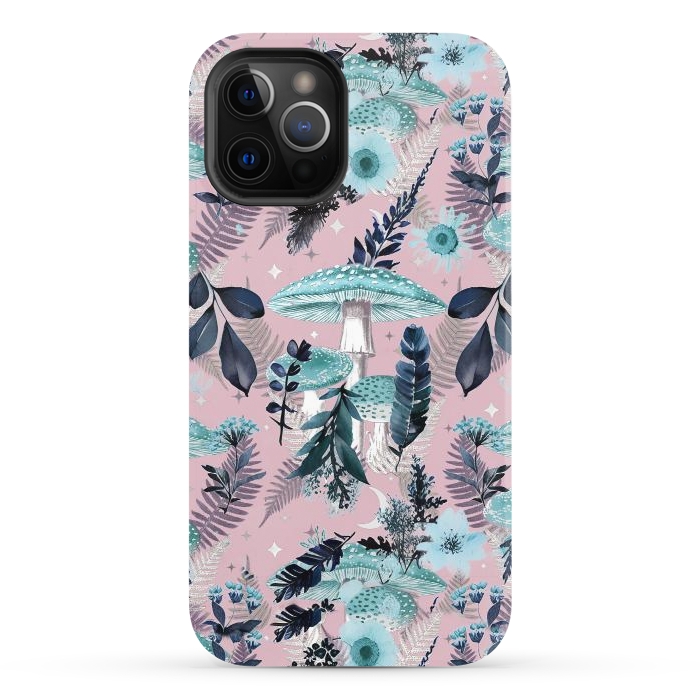 iPhone 12 Pro StrongFit Whimsical mushrooms - blue pink mushrooms and forest leaves by Oana 