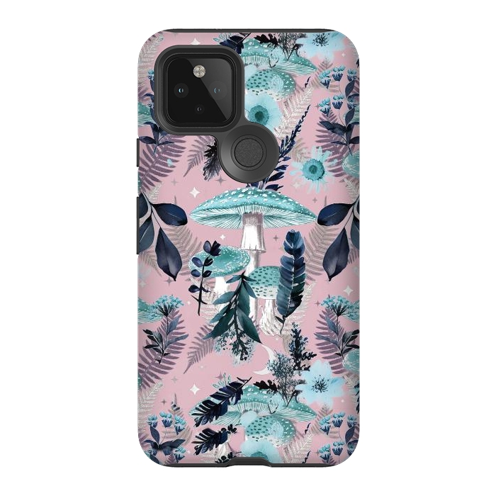 Pixel 5 StrongFit Whimsical mushrooms - blue pink mushrooms and forest leaves by Oana 