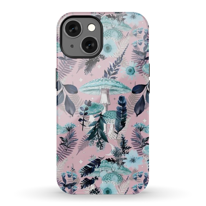 iPhone 13 StrongFit Whimsical mushrooms - blue pink mushrooms and forest leaves by Oana 