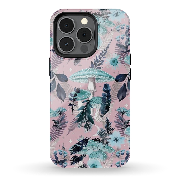 iPhone 13 pro StrongFit Whimsical mushrooms - blue pink mushrooms and forest leaves by Oana 