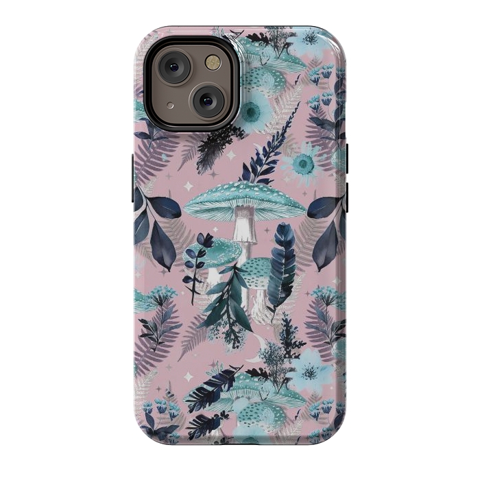 iPhone 14 StrongFit Whimsical mushrooms - blue pink mushrooms and forest leaves by Oana 