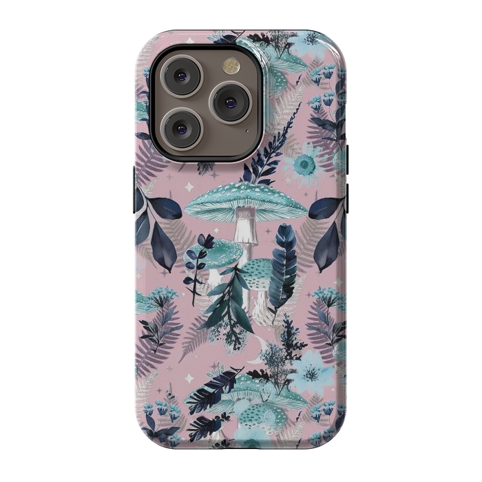 iPhone 14 Pro StrongFit Whimsical mushrooms - blue pink mushrooms and forest leaves by Oana 