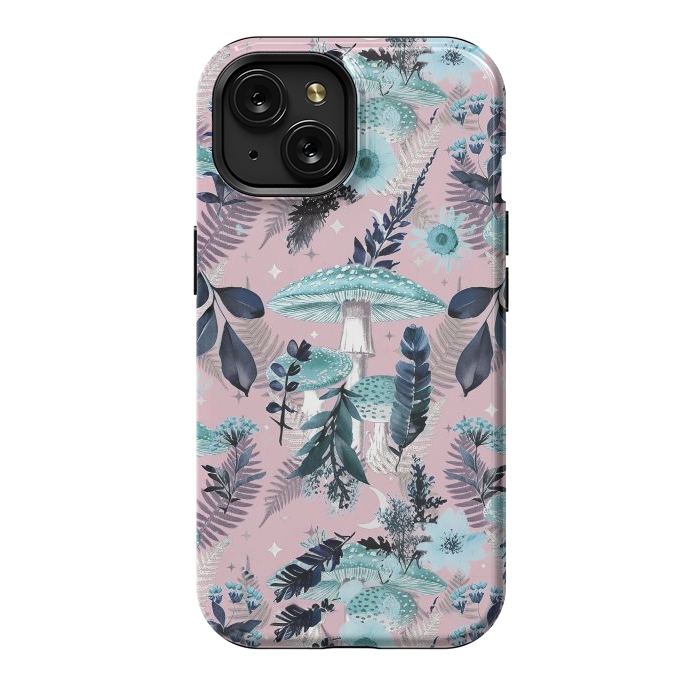 iPhone 15 StrongFit Whimsical mushrooms - blue pink mushrooms and forest leaves by Oana 