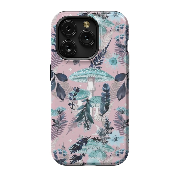 iPhone 15 Pro StrongFit Whimsical mushrooms - blue pink mushrooms and forest leaves by Oana 