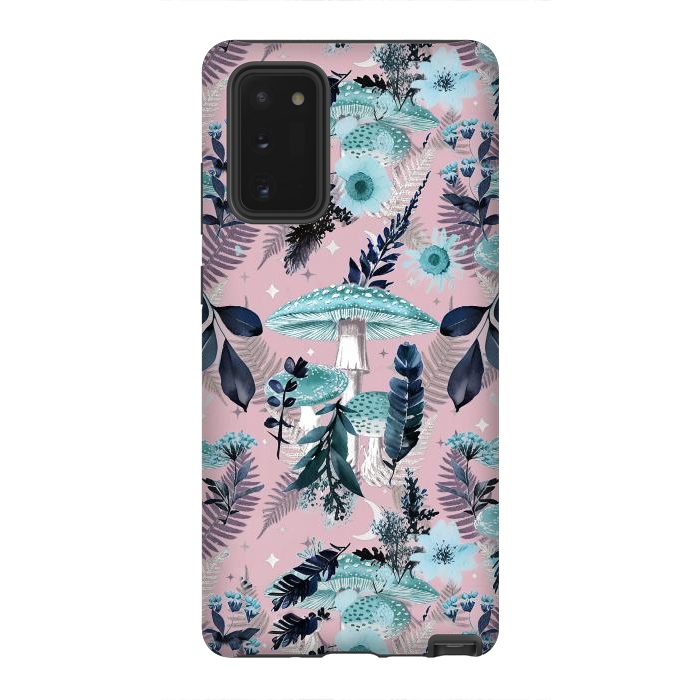 Galaxy Note 20 StrongFit Whimsical mushrooms - blue pink mushrooms and forest leaves by Oana 