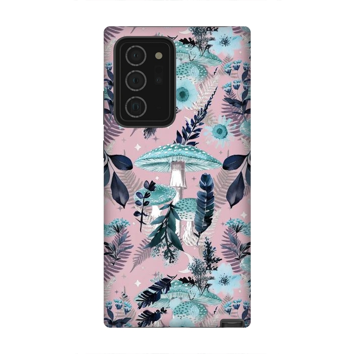 Galaxy Note 20 Ultra StrongFit Whimsical mushrooms - blue pink mushrooms and forest leaves by Oana 