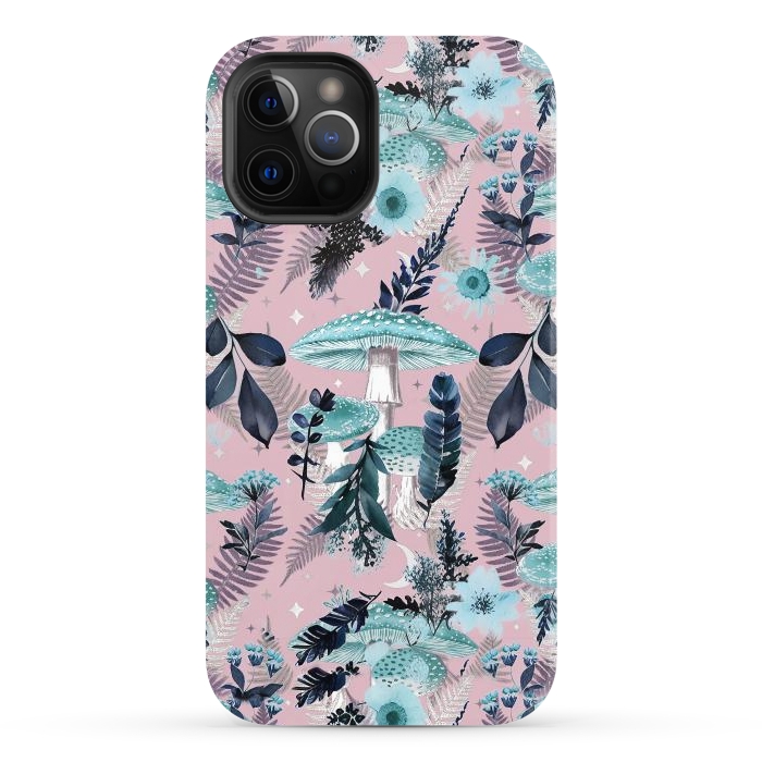 iPhone 12 Pro Max StrongFit Whimsical mushrooms - blue pink mushrooms and forest leaves by Oana 