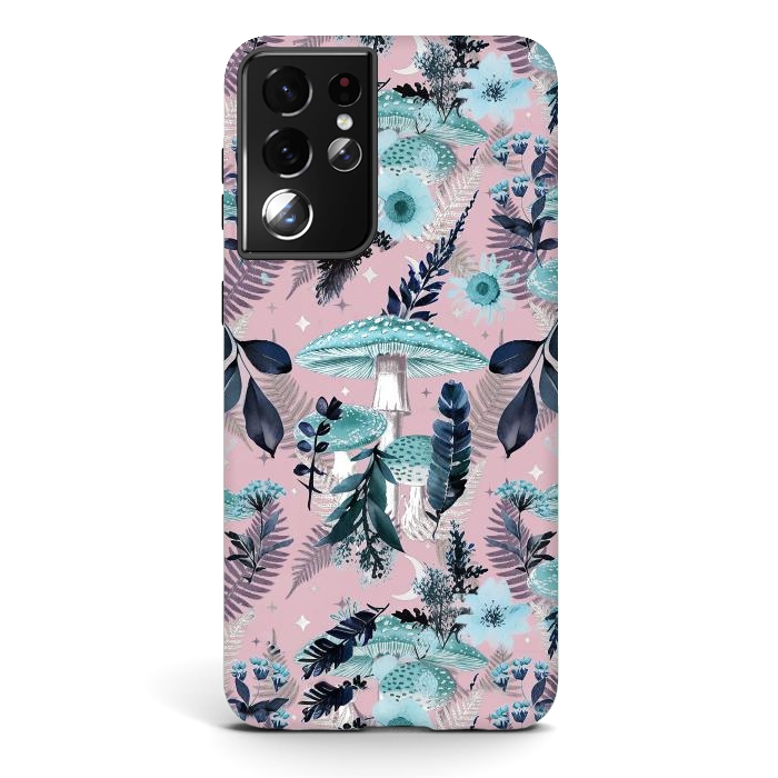 Galaxy S21 ultra StrongFit Whimsical mushrooms - blue pink mushrooms and forest leaves by Oana 