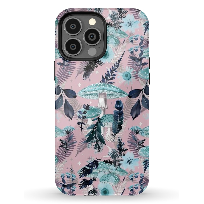 iPhone 13 Pro Max StrongFit Whimsical mushrooms - blue pink mushrooms and forest leaves by Oana 