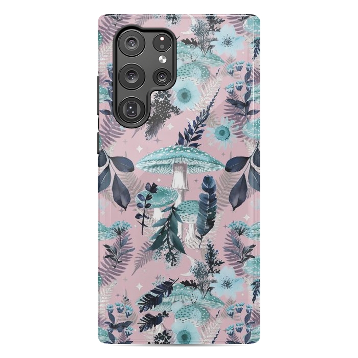 Galaxy S22 Ultra StrongFit Whimsical mushrooms - blue pink mushrooms and forest leaves by Oana 