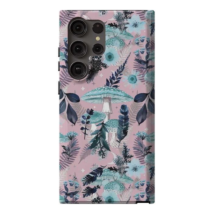 Galaxy S23 Ultra StrongFit Whimsical mushrooms - blue pink mushrooms and forest leaves by Oana 