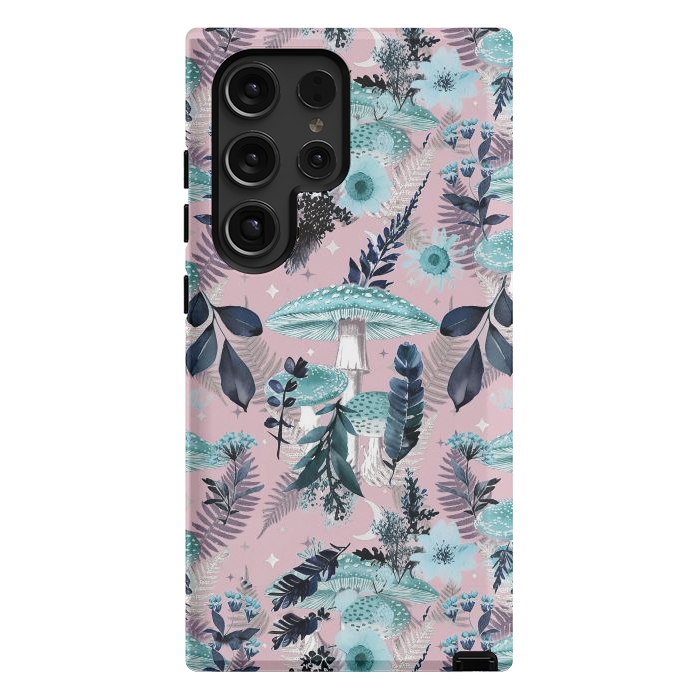 Galaxy S24 Ultra StrongFit Whimsical mushrooms - blue pink mushrooms and forest leaves by Oana 