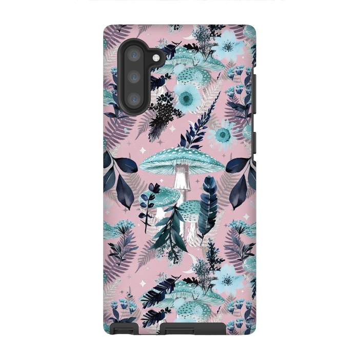 Galaxy Note 10 StrongFit Whimsical mushrooms - blue pink mushrooms and forest leaves by Oana 