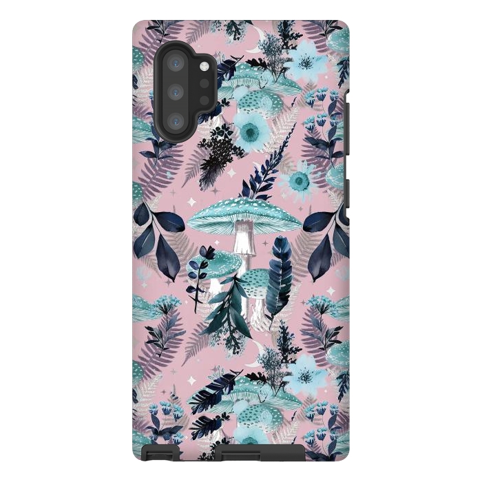 Galaxy Note 10 plus StrongFit Whimsical mushrooms - blue pink mushrooms and forest leaves by Oana 