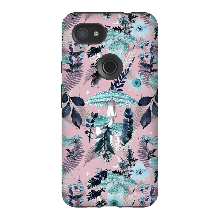 Pixel 3AXL StrongFit Whimsical mushrooms - blue pink mushrooms and forest leaves by Oana 