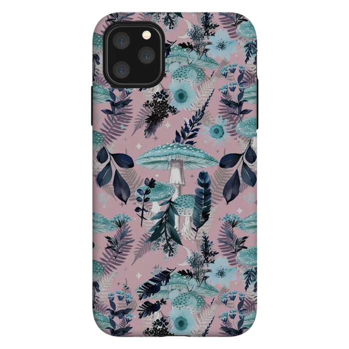 iPhone 11 Pro Max StrongFit Whimsical mushrooms - blue pink mushrooms and forest leaves by Oana 