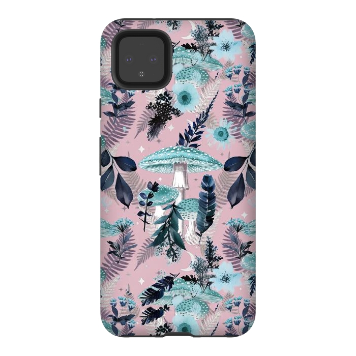 Pixel 4XL StrongFit Whimsical mushrooms - blue pink mushrooms and forest leaves by Oana 