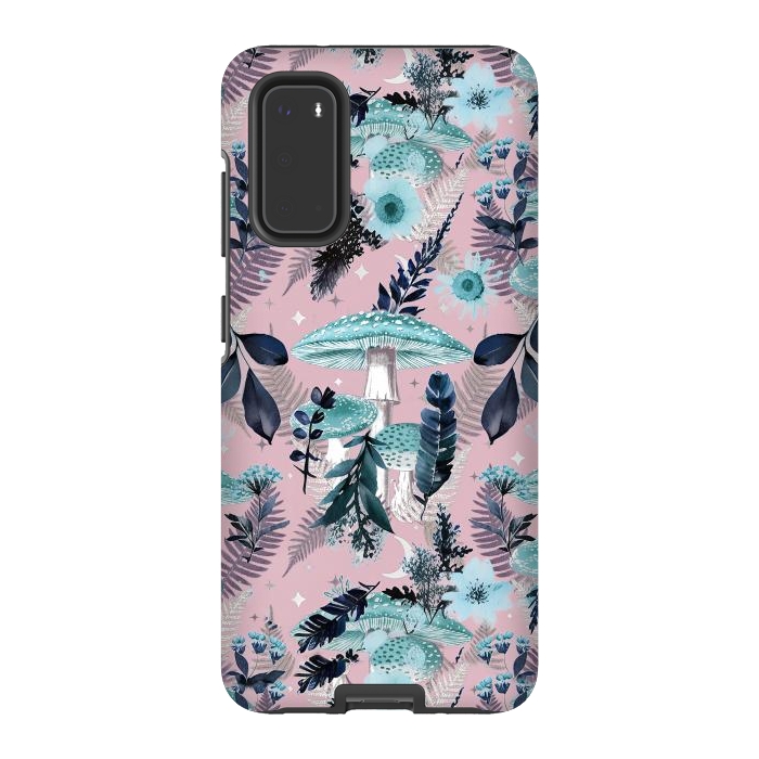 Galaxy S20 StrongFit Whimsical mushrooms - blue pink mushrooms and forest leaves by Oana 