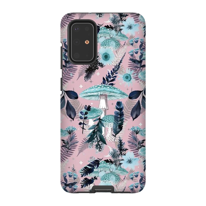 Galaxy S20 Plus StrongFit Whimsical mushrooms - blue pink mushrooms and forest leaves by Oana 