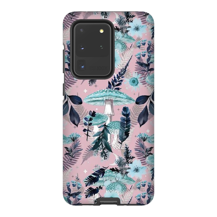 Galaxy S20 Ultra StrongFit Whimsical mushrooms - blue pink mushrooms and forest leaves by Oana 