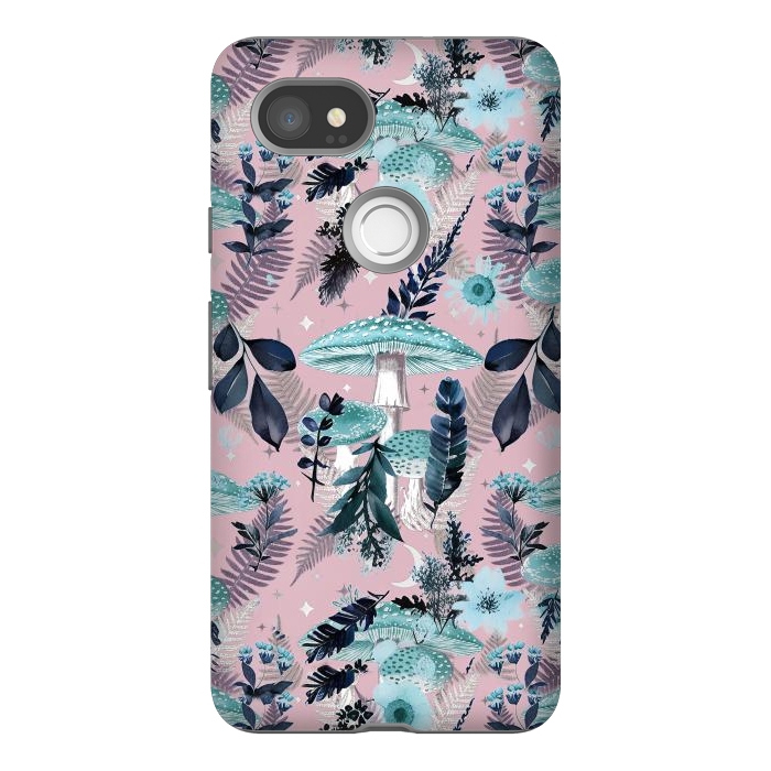 Pixel 2XL StrongFit Whimsical mushrooms - blue pink mushrooms and forest leaves by Oana 