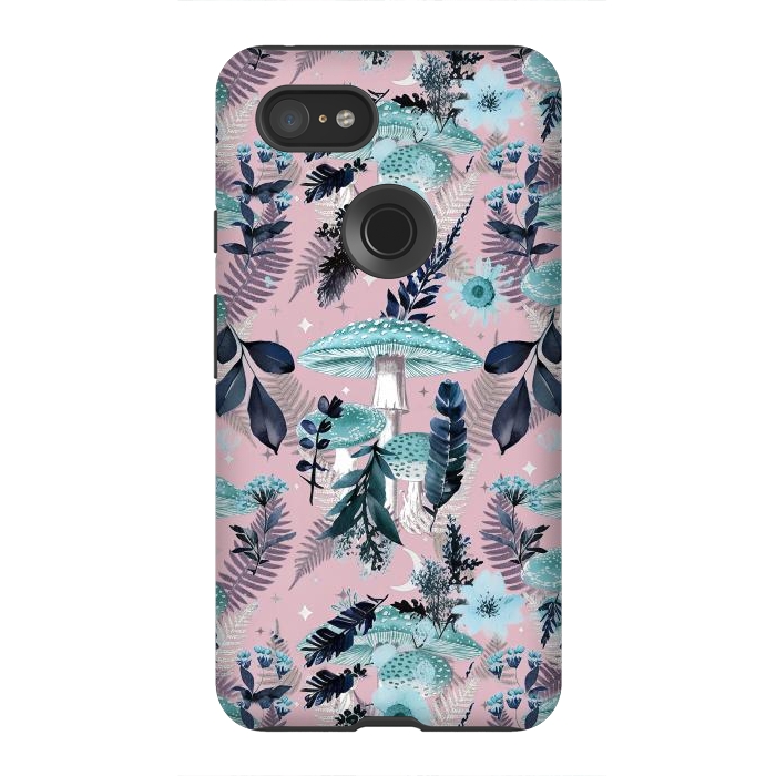 Pixel 3XL StrongFit Whimsical mushrooms - blue pink mushrooms and forest leaves by Oana 