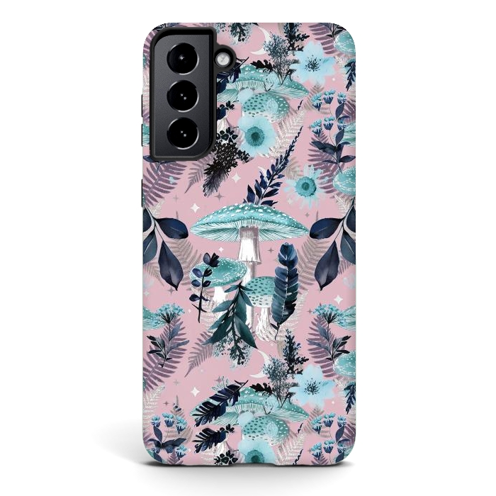 Galaxy S21 StrongFit Whimsical mushrooms - blue pink mushrooms and forest leaves by Oana 