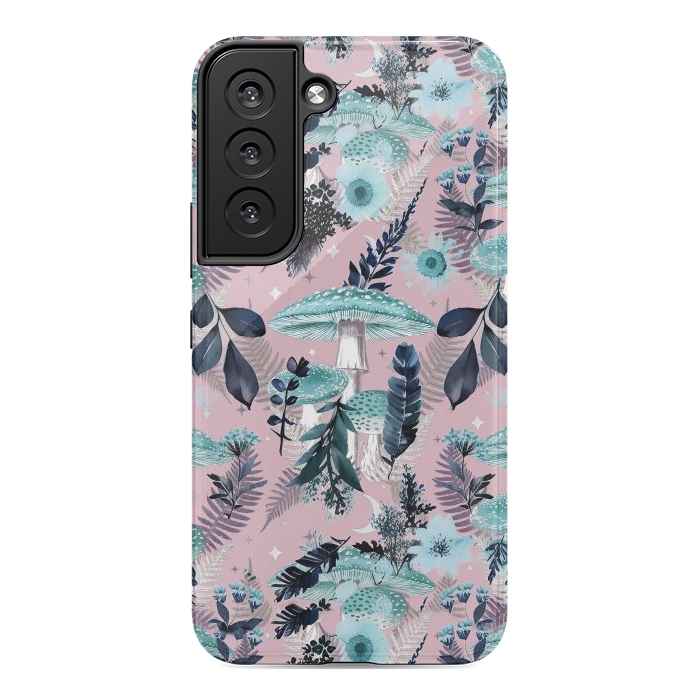 Galaxy S22 StrongFit Whimsical mushrooms - blue pink mushrooms and forest leaves by Oana 