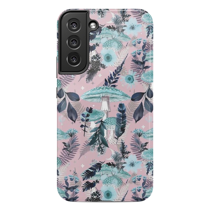 Galaxy S22 plus StrongFit Whimsical mushrooms - blue pink mushrooms and forest leaves by Oana 