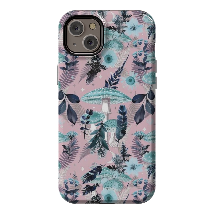 iPhone 14 Plus StrongFit Whimsical mushrooms - blue pink mushrooms and forest leaves by Oana 