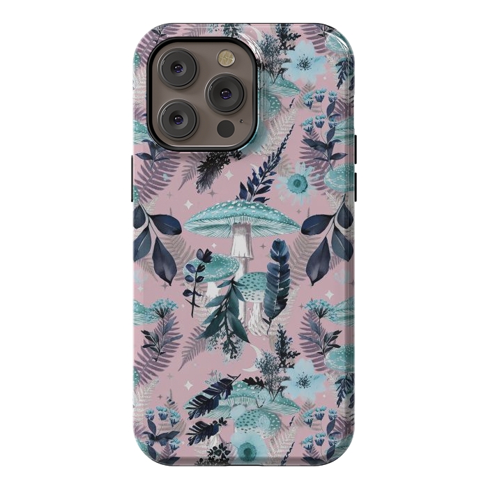 iPhone 14 Pro max StrongFit Whimsical mushrooms - blue pink mushrooms and forest leaves by Oana 