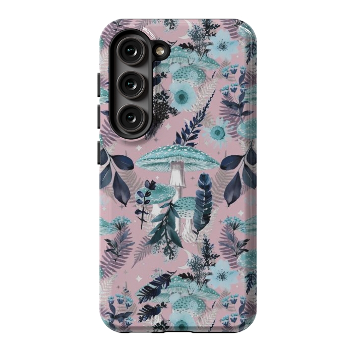 Galaxy S23 StrongFit Whimsical mushrooms - blue pink mushrooms and forest leaves by Oana 