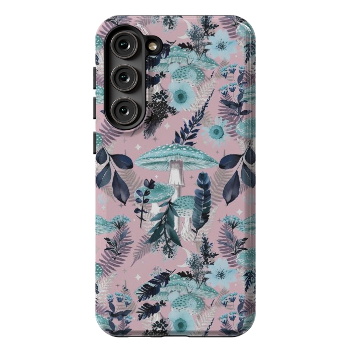 Galaxy S23 Plus StrongFit Whimsical mushrooms - blue pink mushrooms and forest leaves by Oana 