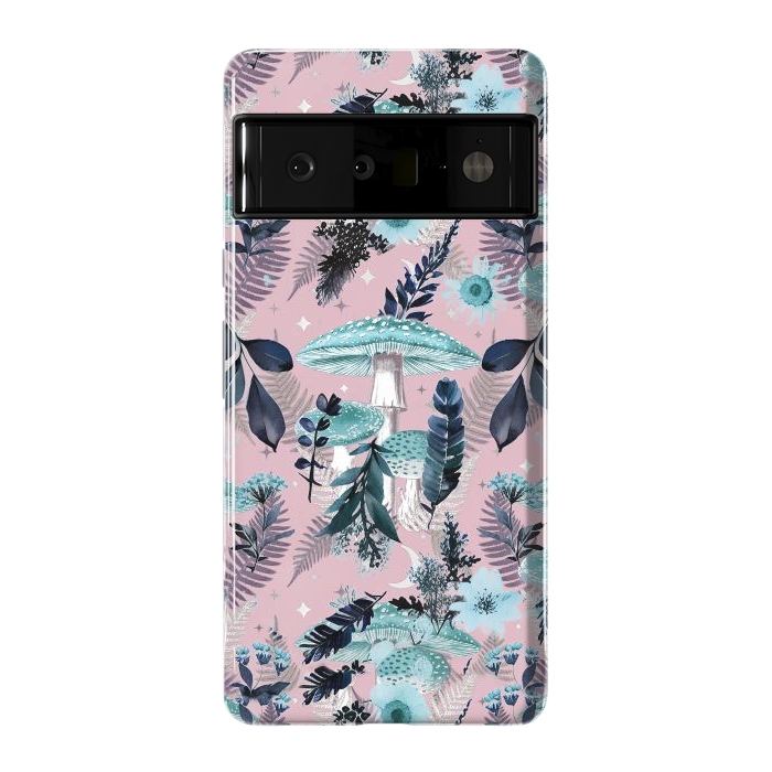 Pixel 6 Pro StrongFit Whimsical mushrooms - blue pink mushrooms and forest leaves by Oana 